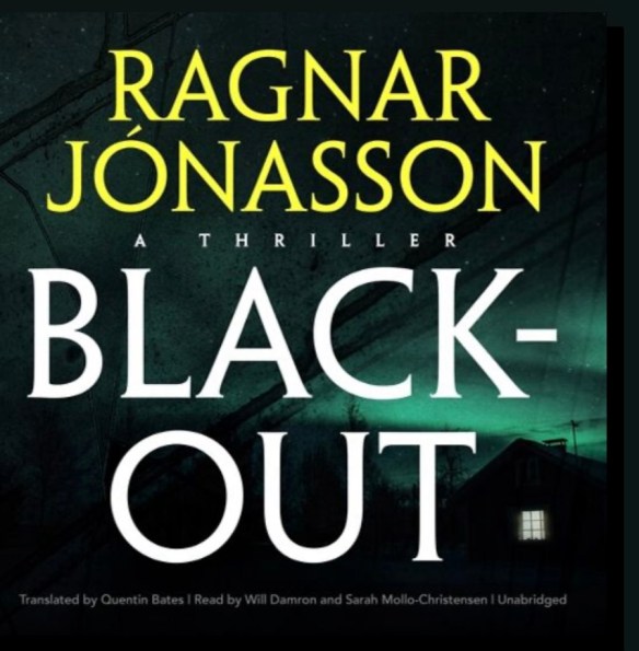 Next on a black background that is interrupted by a streak of green northern lights. text reads: Ragnar Jonasson. Black-Out 