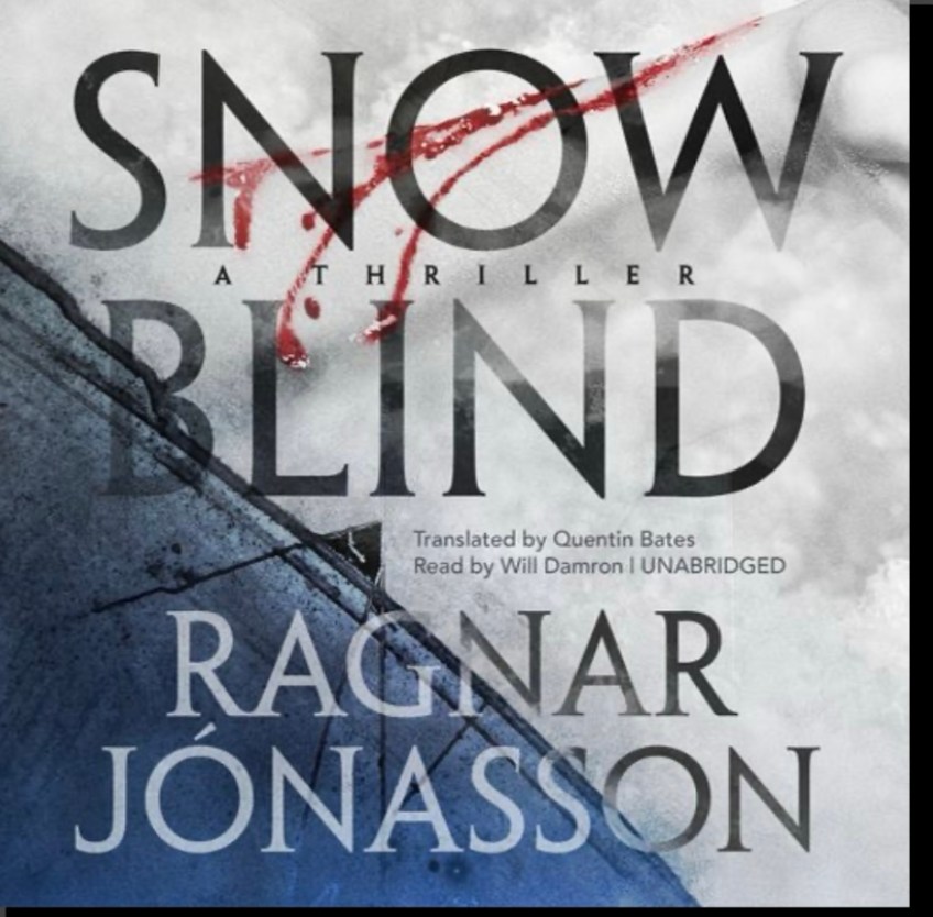 black text on a white and blue background with a bloody slice through it. Text: Snowblind by Ragnar Jónasson
