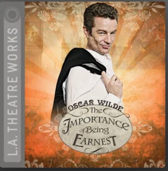 Man looks at the viewer with a jacket draped over his shoulder while facing right on a orange background. The text reads "The Importance of being Earnest. Oscar Wilde"